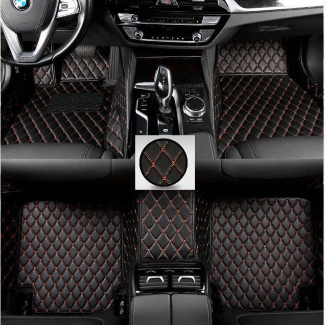 Outlet Black and Orange Stitching Luxury Leather Diamond Car Floor Mats Outlet Black and Orange Stitching Luxury Leather Diamond Car Floor Mats