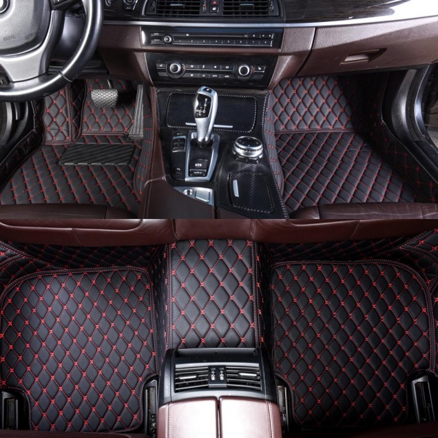 Outlet Black and Red Stitching Luxury Leather Diamond Car Floor Mats Outlet Black and Red Stitching Luxury Leather Diamond Car Floor Mats